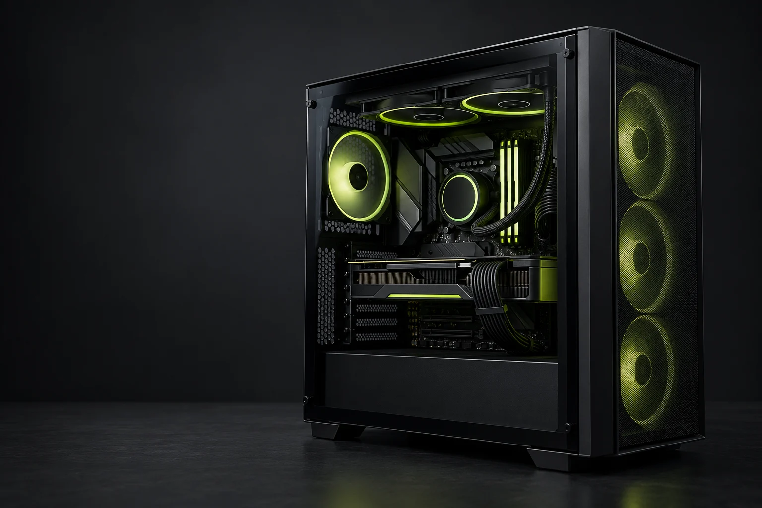 Black gaming PC with subtle green lighting